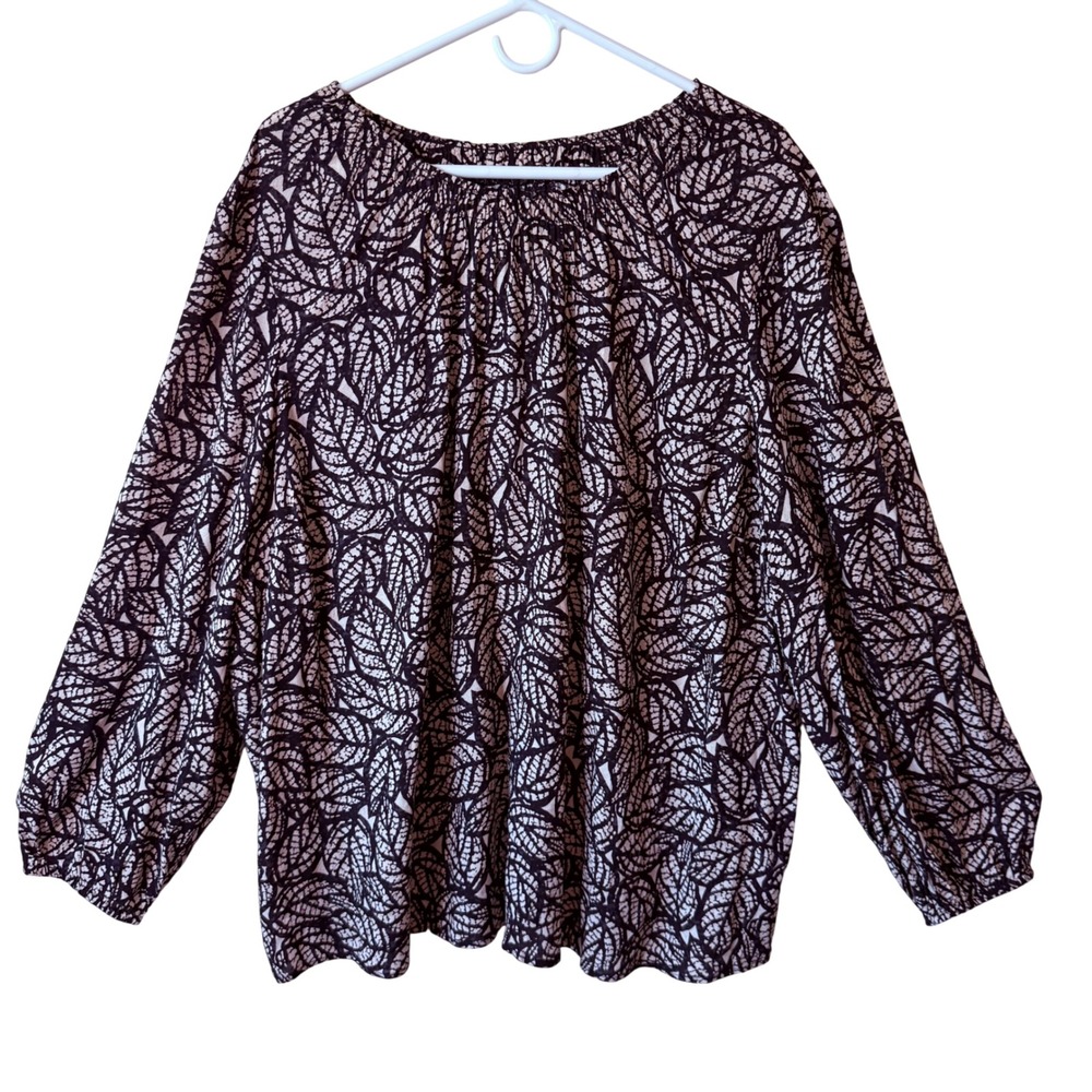 NIC+ZOE Women Black White Leaf Print Viscose Blouse Long Sleeve Top 2X Peasant